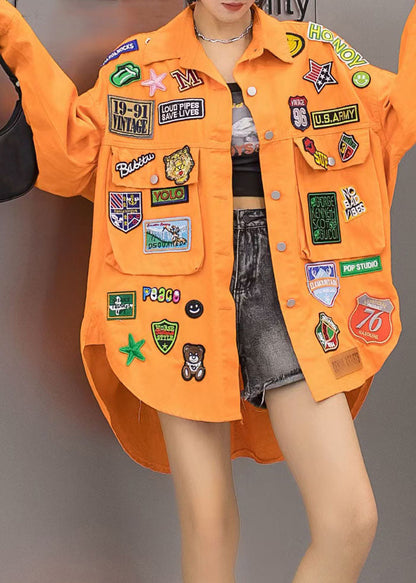 Orange Pockets Graphic Patchwork Denim Coat Spring