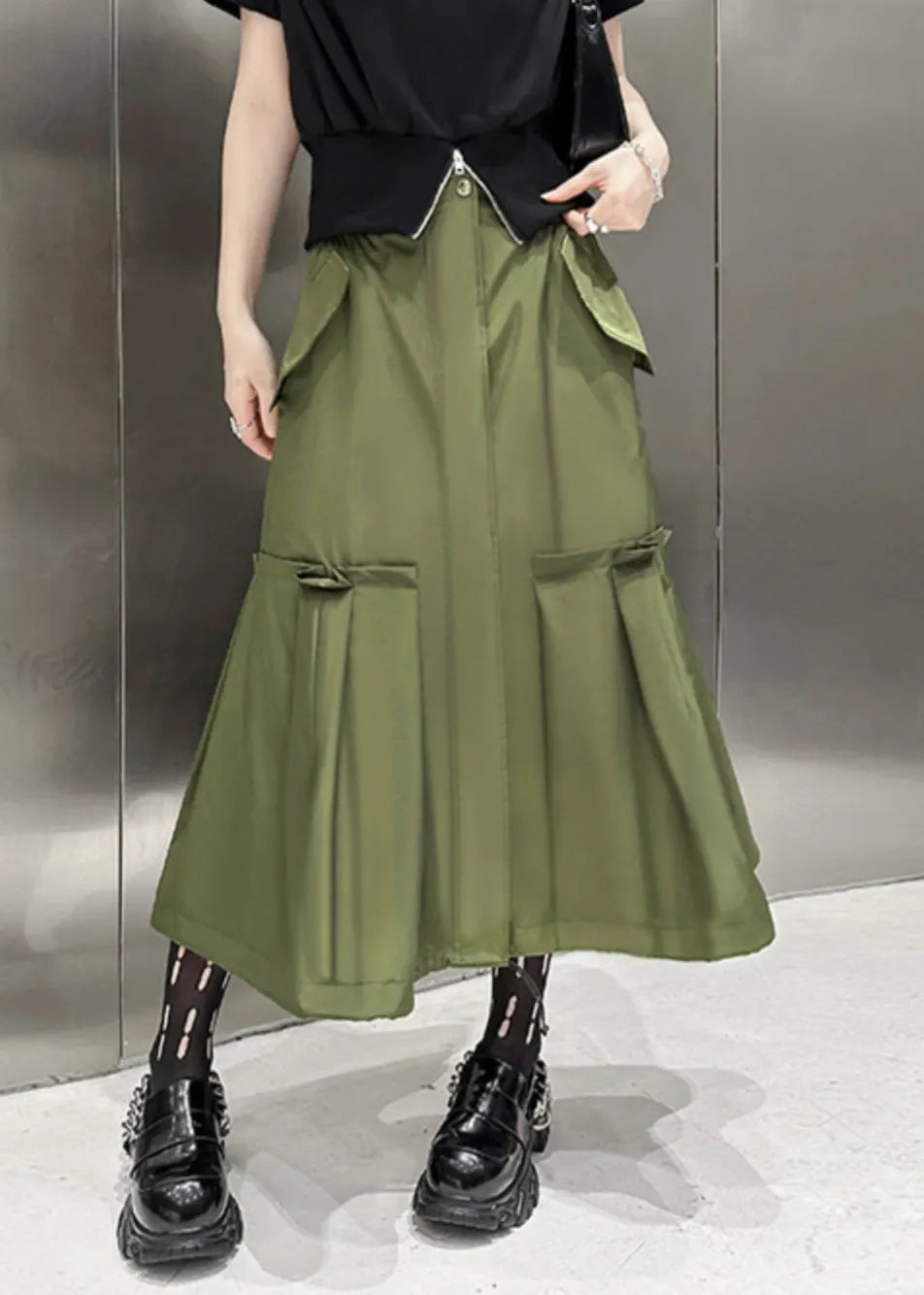 New Army Green Pockets High Waist Patchwork Cotton a Line Skirts Fall