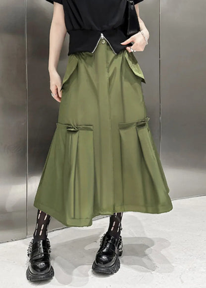 New Army Green Pockets High Waist Patchwork Cotton a Line Skirts Fall