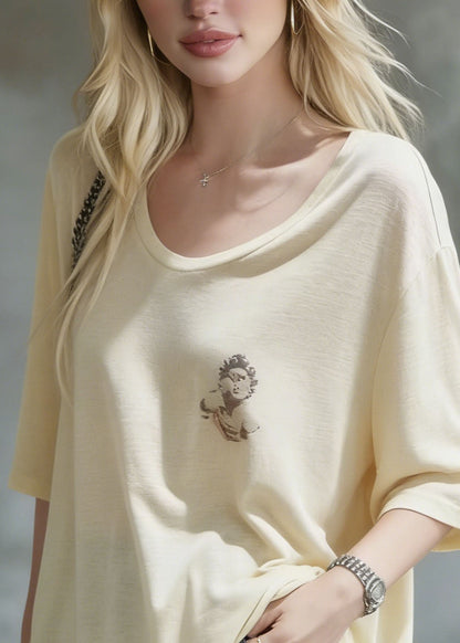 Apricot O Neck Print Cotton T Shirt Summer