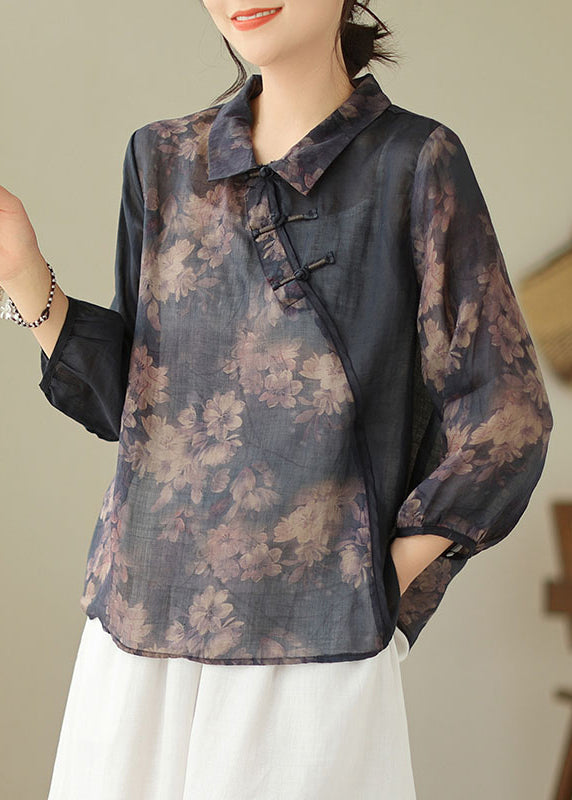 Black Button Print Patchwork Linen Top Bracelet Sleeve