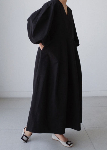 Natural Black V Neck Lantern Sleeve Cotton Party Dress