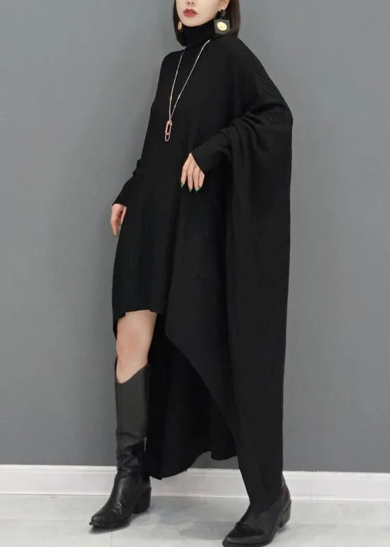 Black Patchwork Knit Sweater Dress Hign Neck Fall