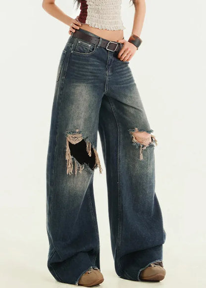 Blue High Waist Wide Leg Ripped Jeans Fall