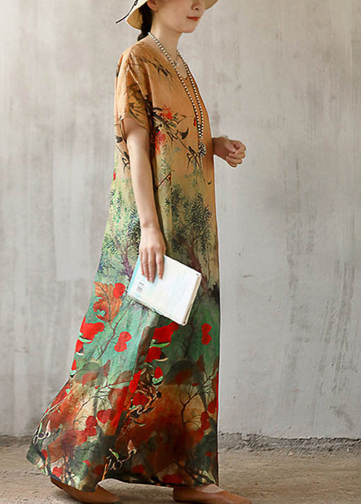 V Neck Print Linen Long Dress Short Sleeve