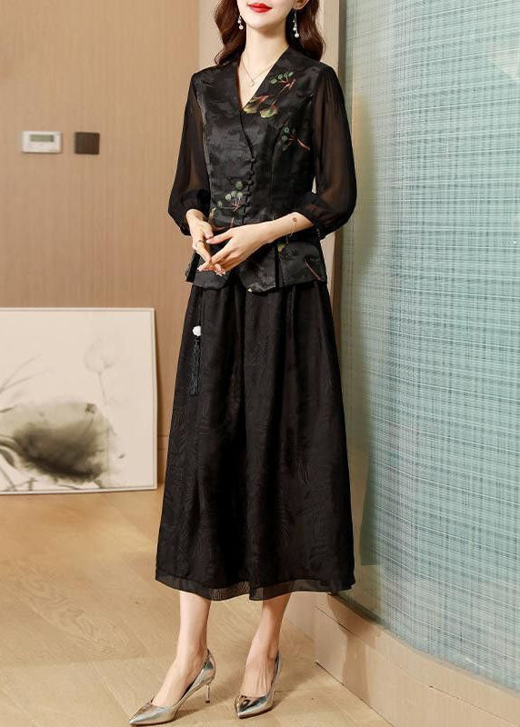 Black V Neck Patchwork Slim Fit Silk Two Pieces Set Half Sleeve