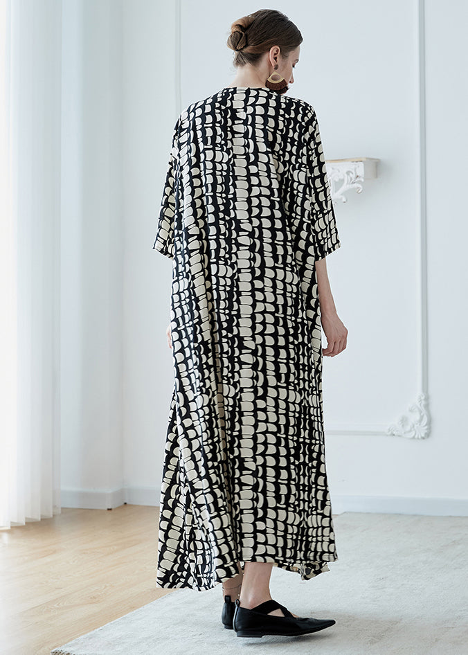 Black V Neck Print Pockets Chiffon Robe Dresses Summer