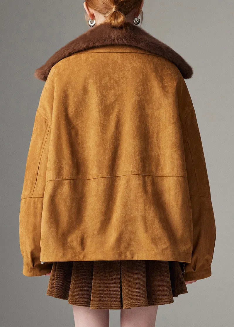 Chocolate Pockets Detachable Leather and Fur Winter Coats Peter Pan Collar