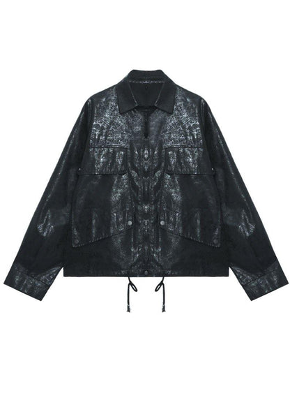 Art Black Pockets Button Zippered Fall Jackets Long Sleeve