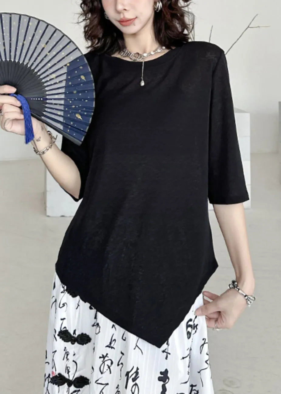 Black O-neck Asymmetrical Patchwork Cotton T Shirt Half Sleeve