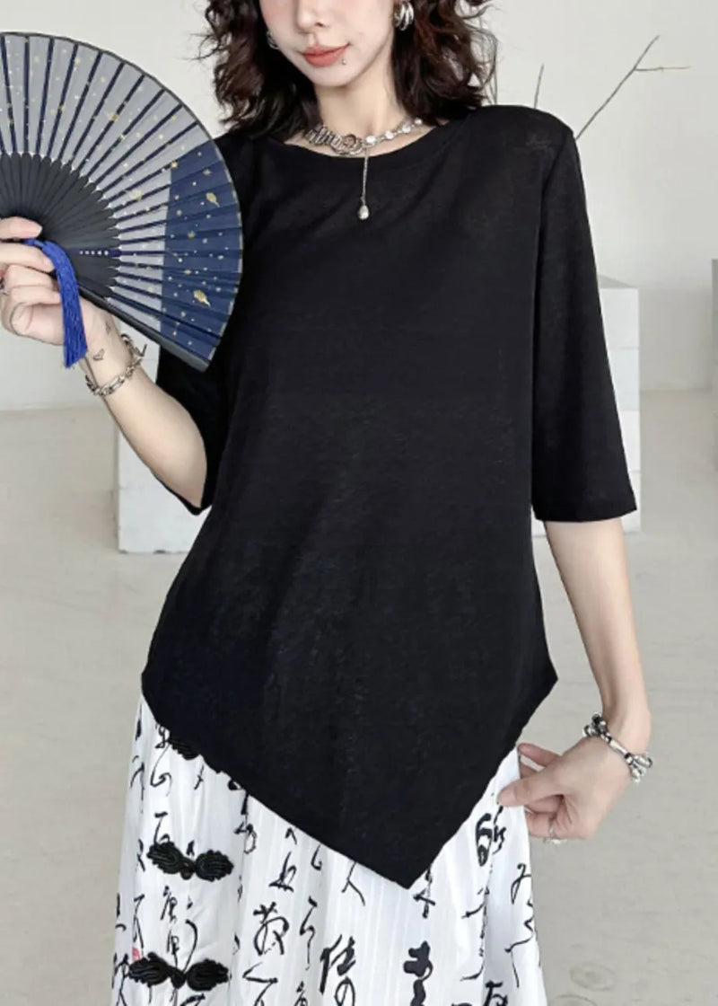 Black O-neck Asymmetrical Patchwork Cotton T Shirt Half Sleeve