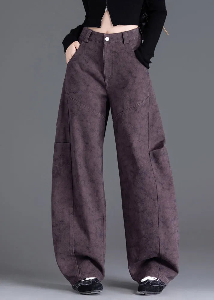 Purple Pockets Print Wrinkled Denim Pants Spring