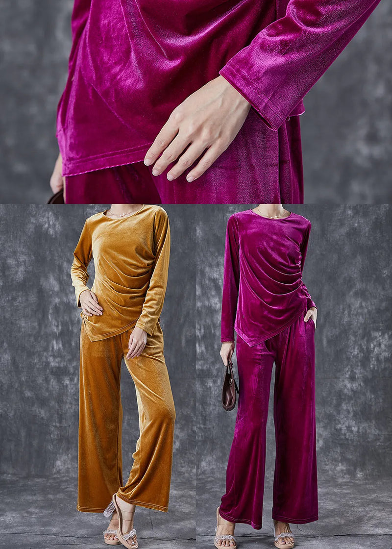 French Purple Asymmetrical Wrinkled Silk Velour Sets 2 Pieces Fall