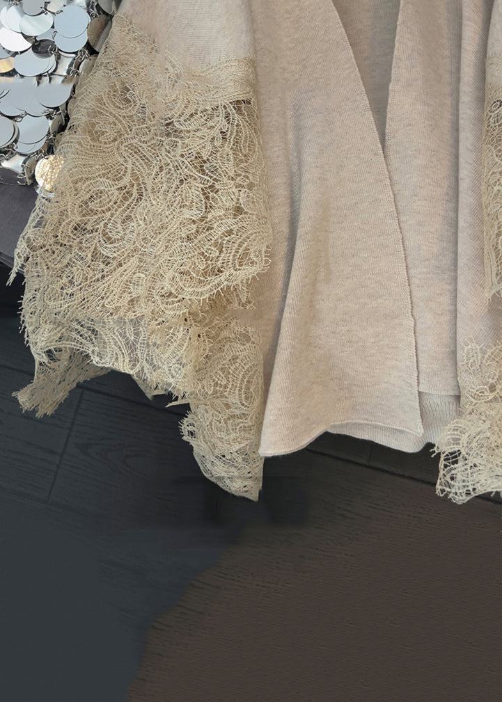 Light Camel V Neck Lace Patchwork Knit Cardigans Spring