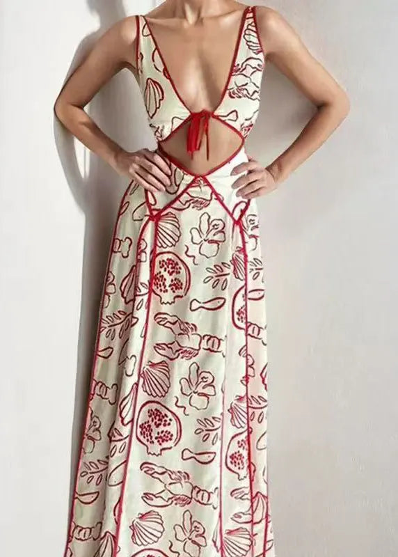 Red V Neck Print Hollow Out Cotton Dresses Sleeveless