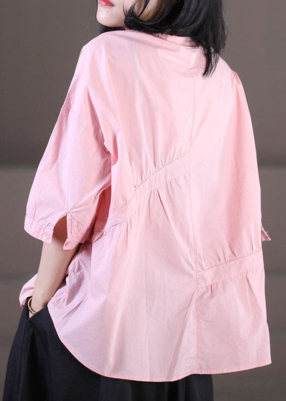 Pink O-neck Asymmetrical Wrinkled Cotton Shirts Half Sleeve