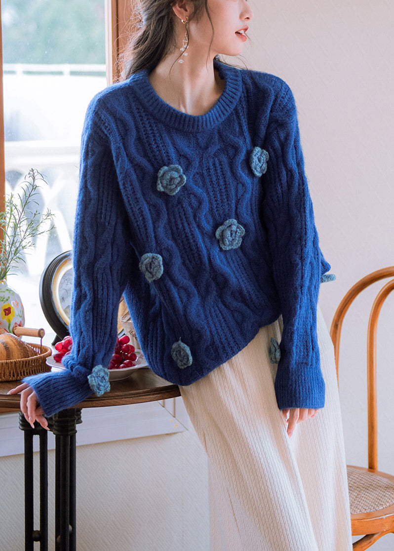 Original Blue O Neck Cozy Knit Sweater Winter