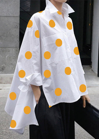 Natural Yellow Flower Peter Pan Collar Low High Design Button Pockets Cotton Shirts Long Sleeve Fall