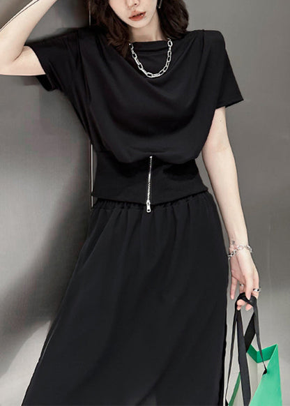 Black O-neck Zip Up Patchwork Cotton T Shirt Top Summer
