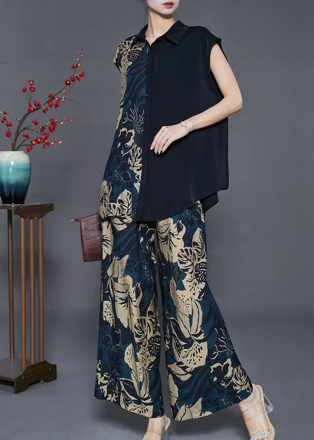 Diy Black Asymmetrical Print Chiffon Two Pieces Set Sleeveless