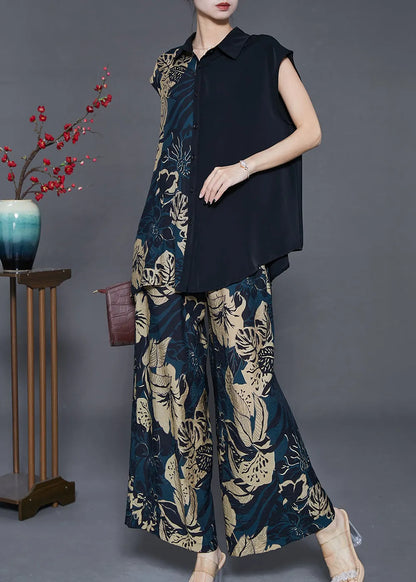 Diy Black Asymmetrical Print Chiffon Two Pieces Set Sleeveless