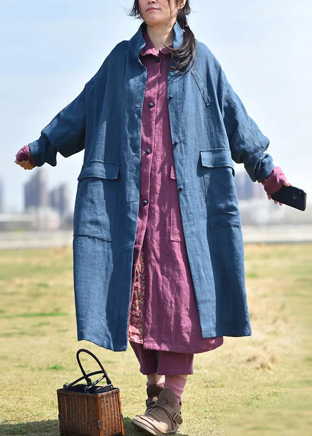 Black Stand Collar Pockets Linen Coat Fall