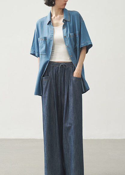 Blue Peter Pan Collar Pockets Button Denim Shirts Summer