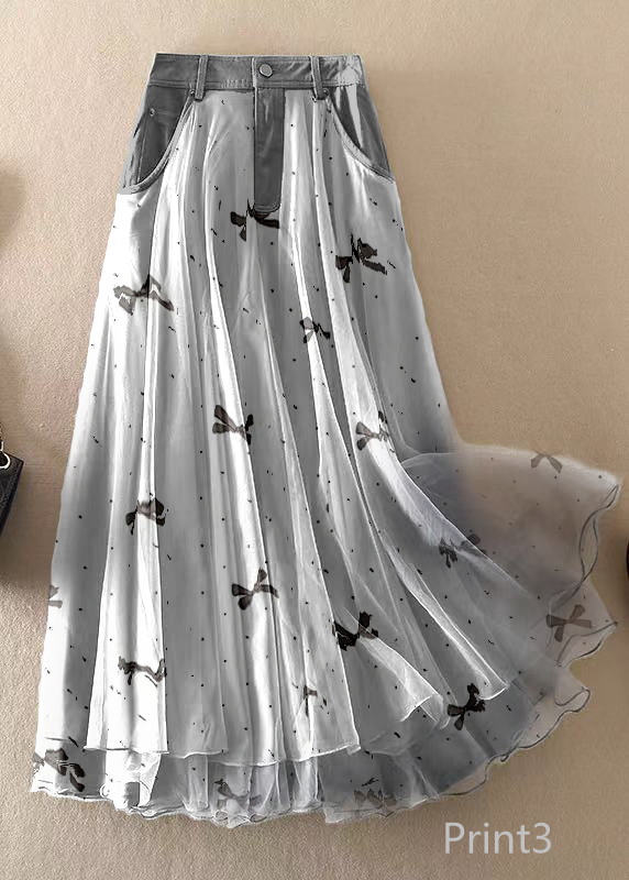 Natural Print2 High Waist Patchwork Tulle Skirts Spring