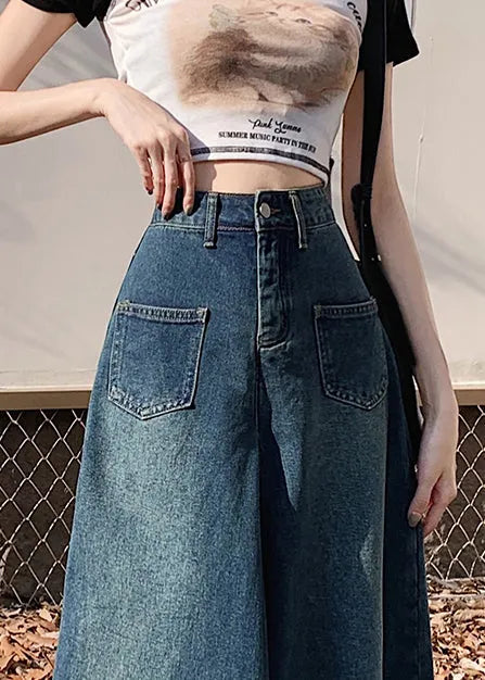 French Navy Denim Wide Leg Pants Tasseled Fall