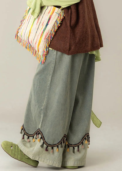 Blue Tasseled High Waist Patchwork Denim Wide Leg Pants Spring
