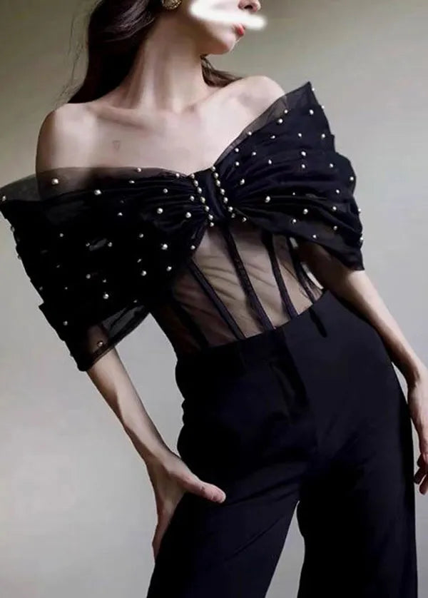 One Shoulder Bow Black Jumpsuit for Summer