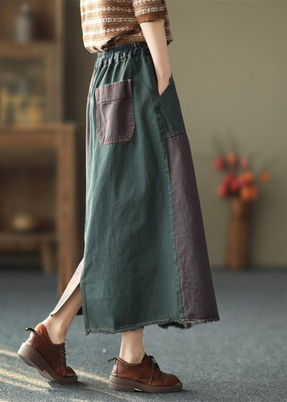 Red Patchwork Elastic Waist Pockets Cotton Denim a Line Skirts Fall