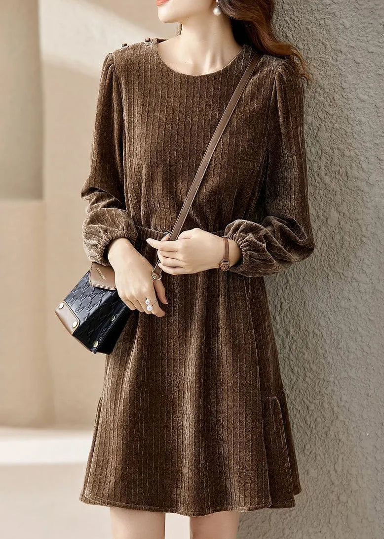 Coffee O Neck Sashes Patchwork Silk Velour Mid Dress Spring