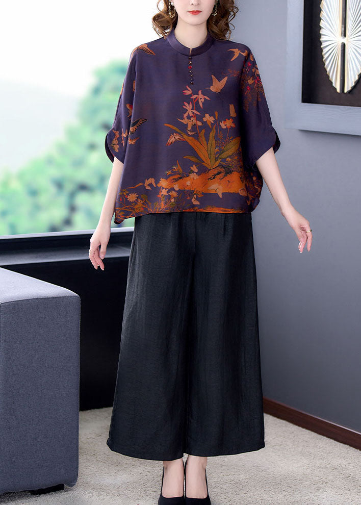 Purple Stand Collar Print Silk Shirts and Pants 2 Piece Outfit Half Sleeve