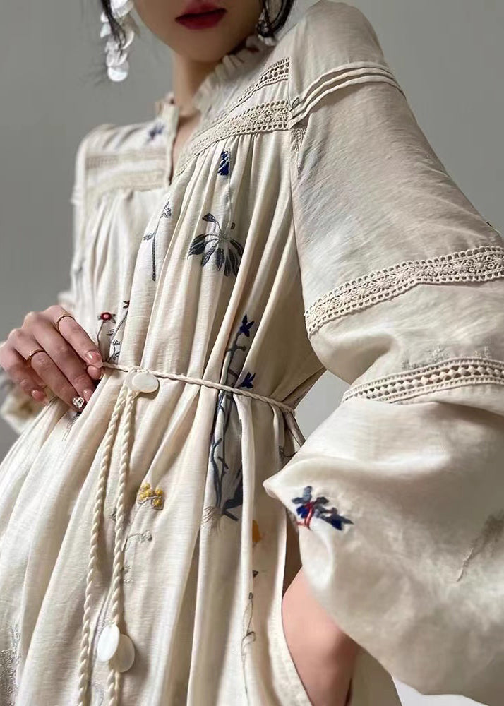 Loose Beige Embroidered Ruffled Pockets Linen Dress Long Sleeve Summer