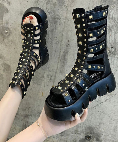 Stylish Black Rivet Hollow Out Sandals Platform Boots
