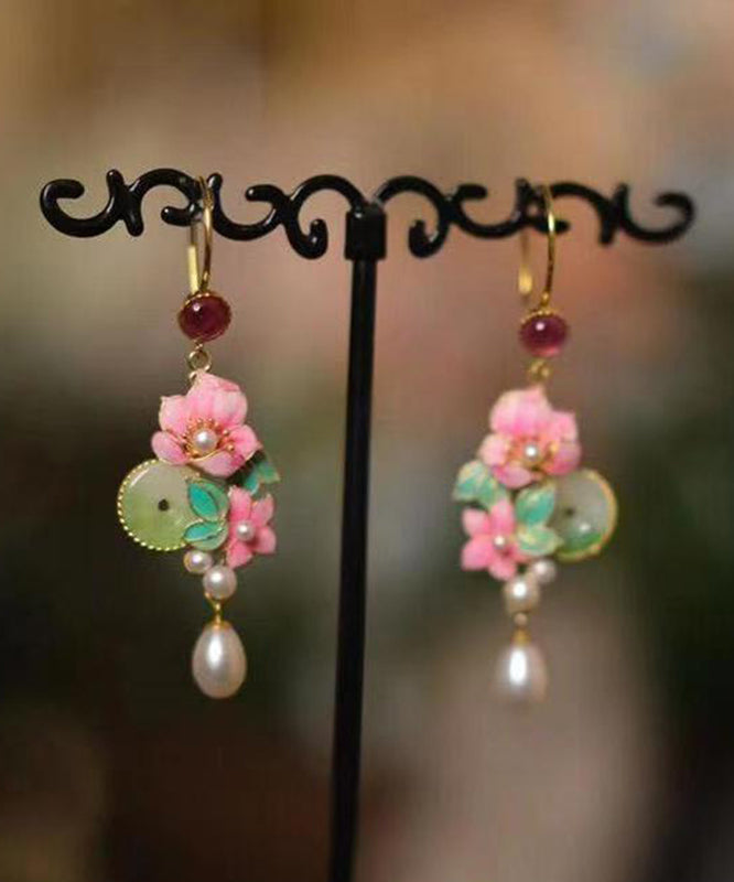 Classy Gold Sterling Silver Overgild Jade Pearl Drop Earrings
