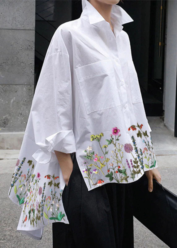 Natural White Peter Pan Collar Low High Design Button Pockets Cotton Shirts Long Sleeve Spring