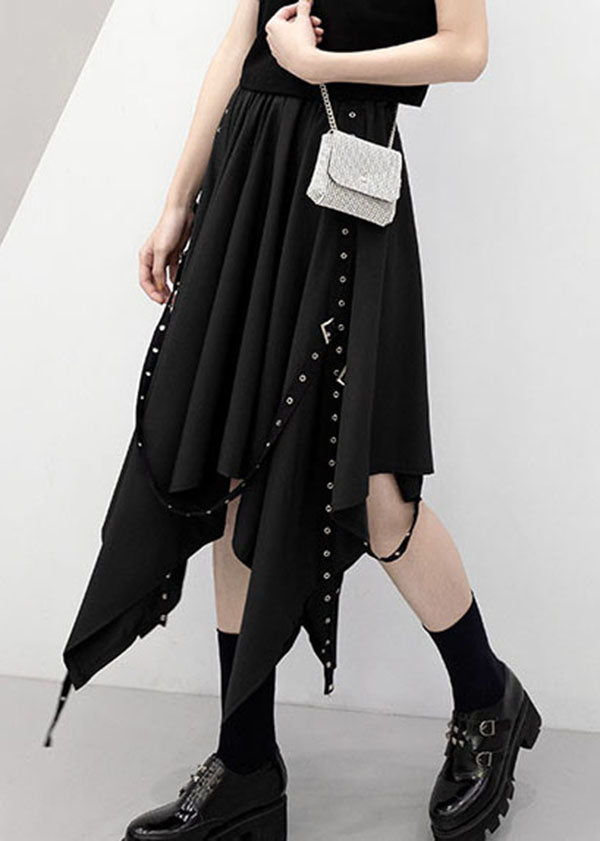 Black Elastic Waist Asymmetrical Design Color Skirt Summer