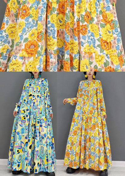Blue Print Patchwork Cotton a Line Long Dress Stand Collar Long Sleeve