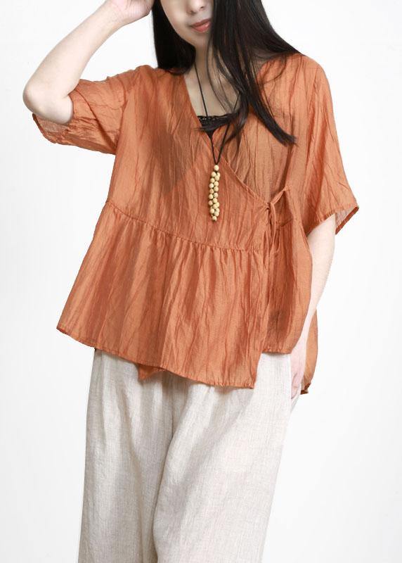 Orange V Neck Patchwork Linen Top