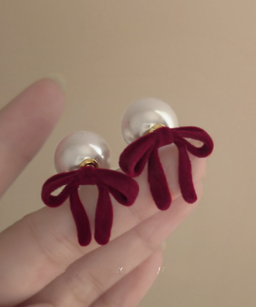 Pink Silk Velour Alloy Pearl Bow Stud Earrings