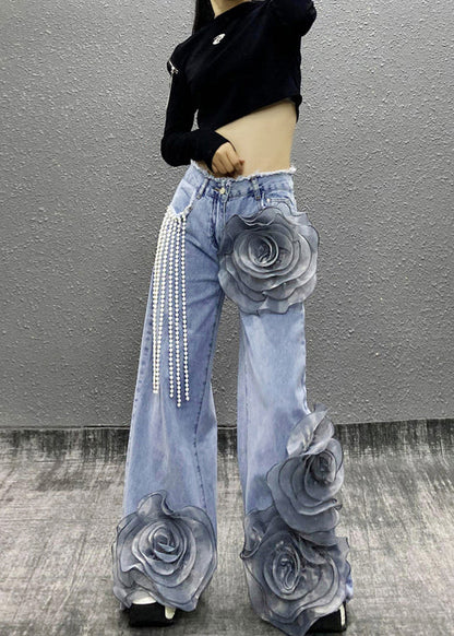 Blue Pockets Bead Tassel Denim Pants Spring