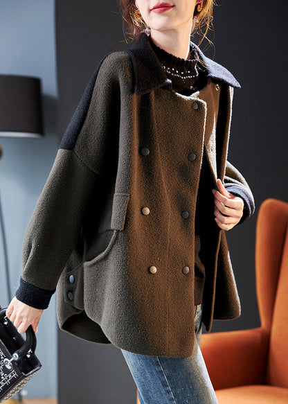 Army Green Double Breast Pockets Patchwork Woolen Coat Winter