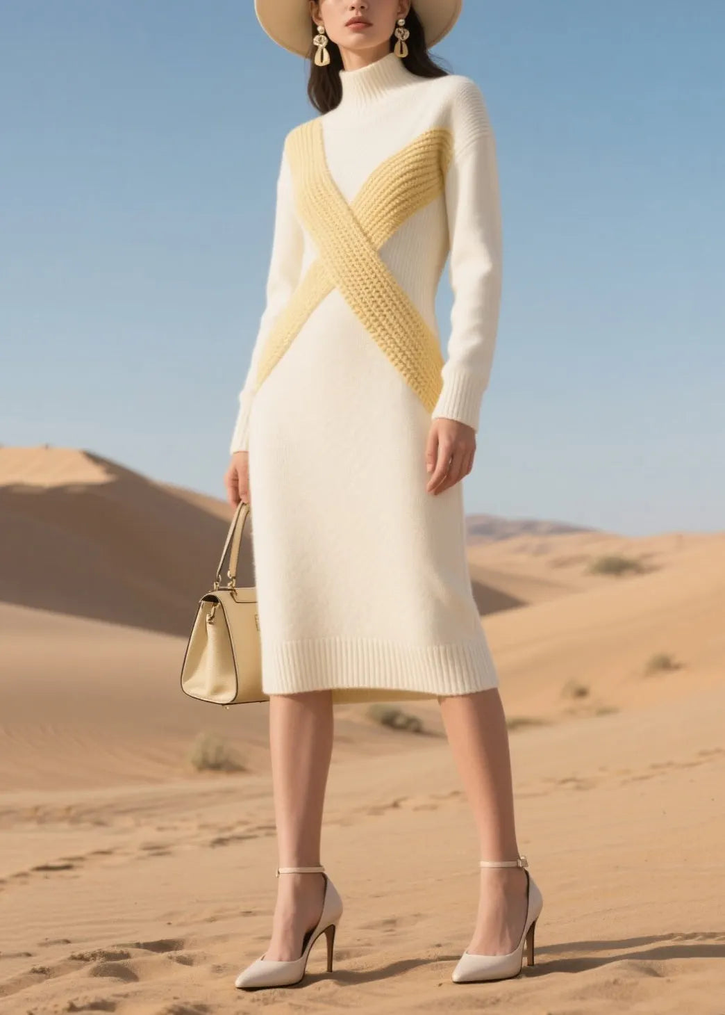 White High Neck Patchwork Knit Dress Winter