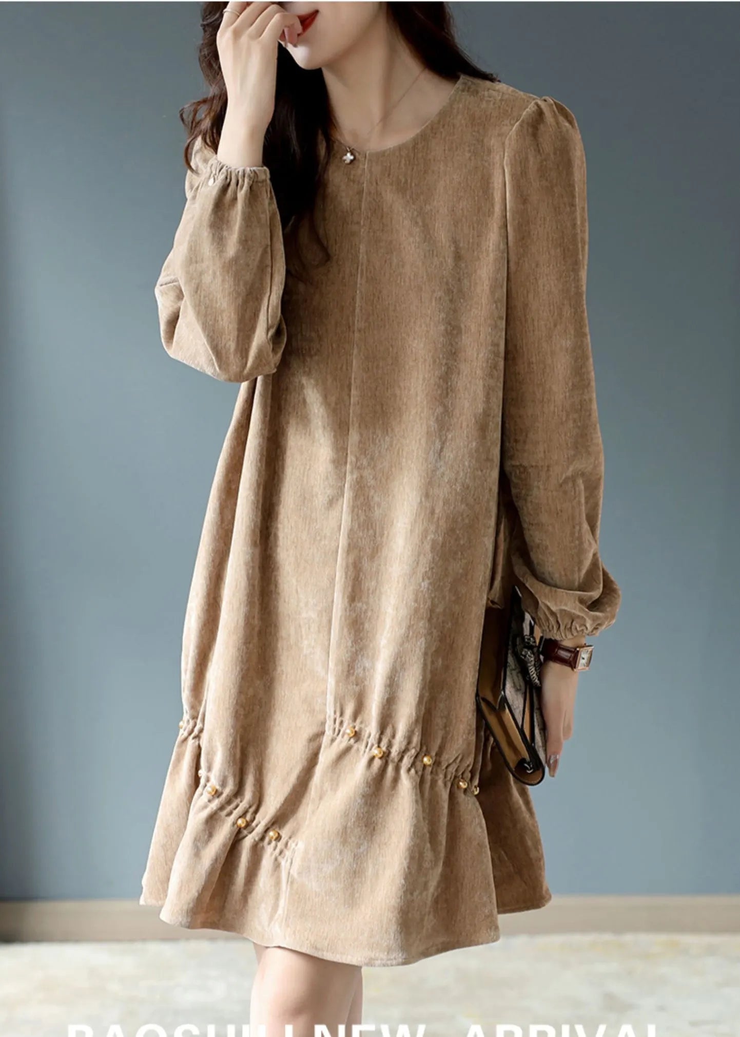 Khaki Wrinkled Nail Bead Velour Mid Dresses Spring