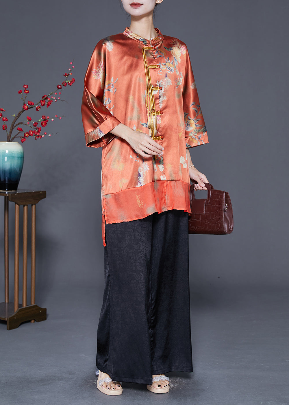 Orange Tasseled Patchwork Silk 2 Piece Outfit Fall