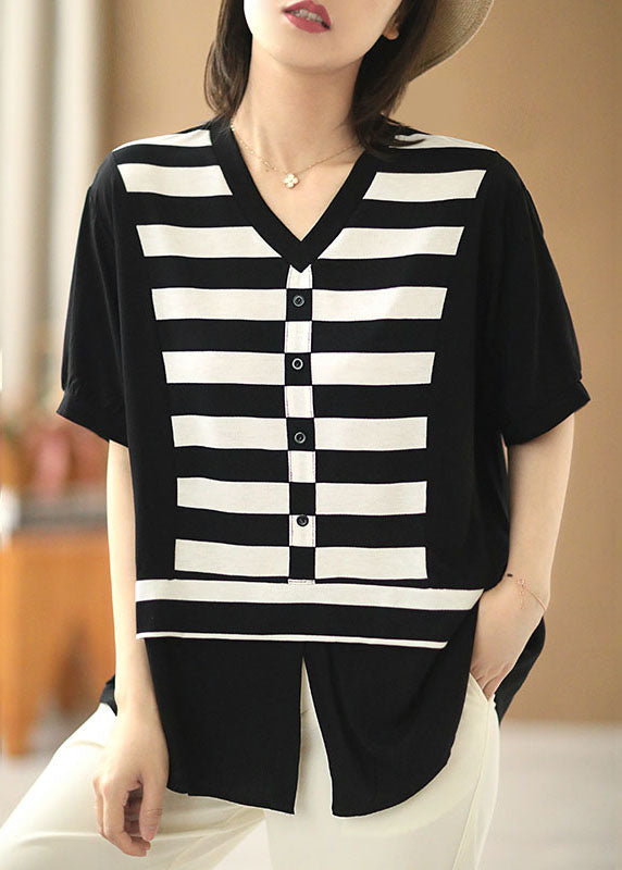 Black V Neck Patchwork Striped Silk Fake Two Piece Shirt Top Short Sleeve