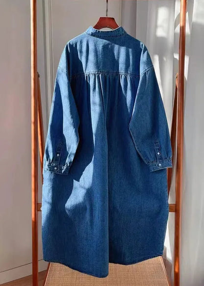Blue Button Pockets Denim Long Dresses Fall