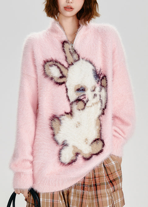Modern Pink Stand Collar Rabbit Fuzzy Fur Fluffy Sweater Tops Winter
